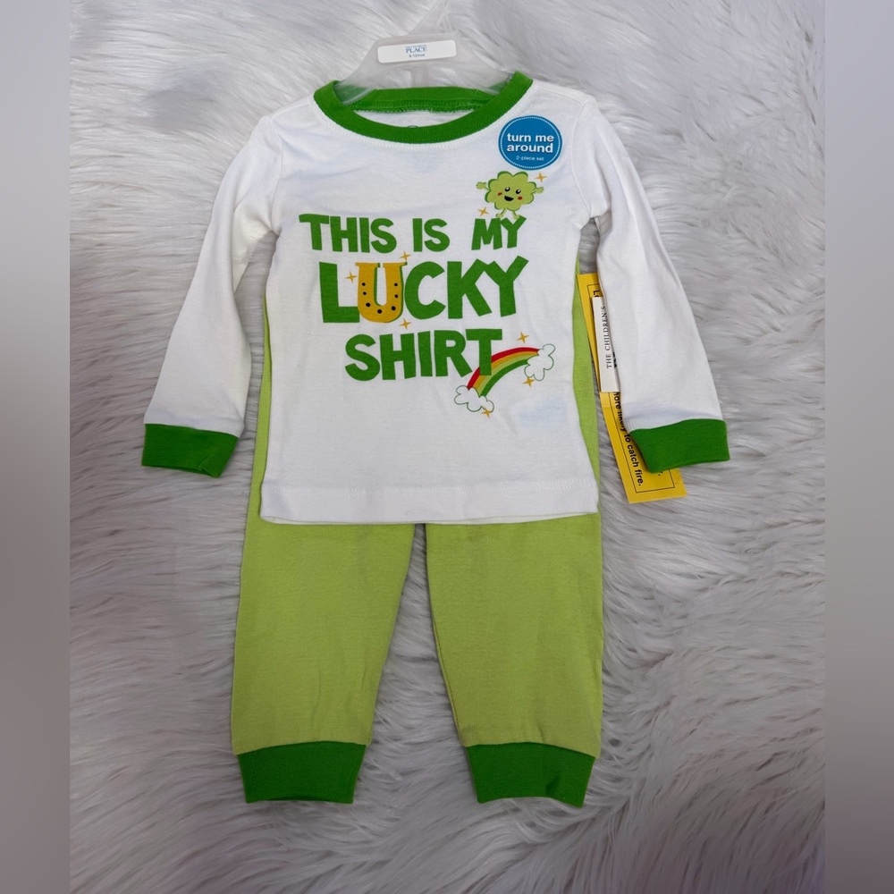 The Children’s Place “This is my Lucky Shirt” Green/White Set Sz 9-12mths